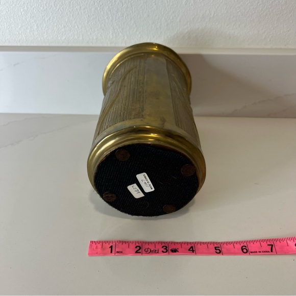Vintage Brass Floral Embossed Cylinder Vase Gold Tone Decorative Home Accent - Picture 12 of 13